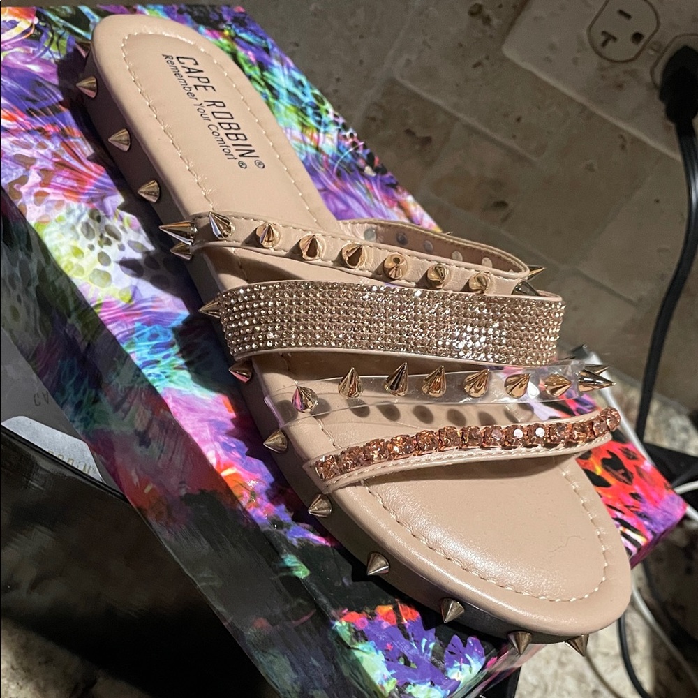 Cape Robbin Beige and Gold Studded Sandals